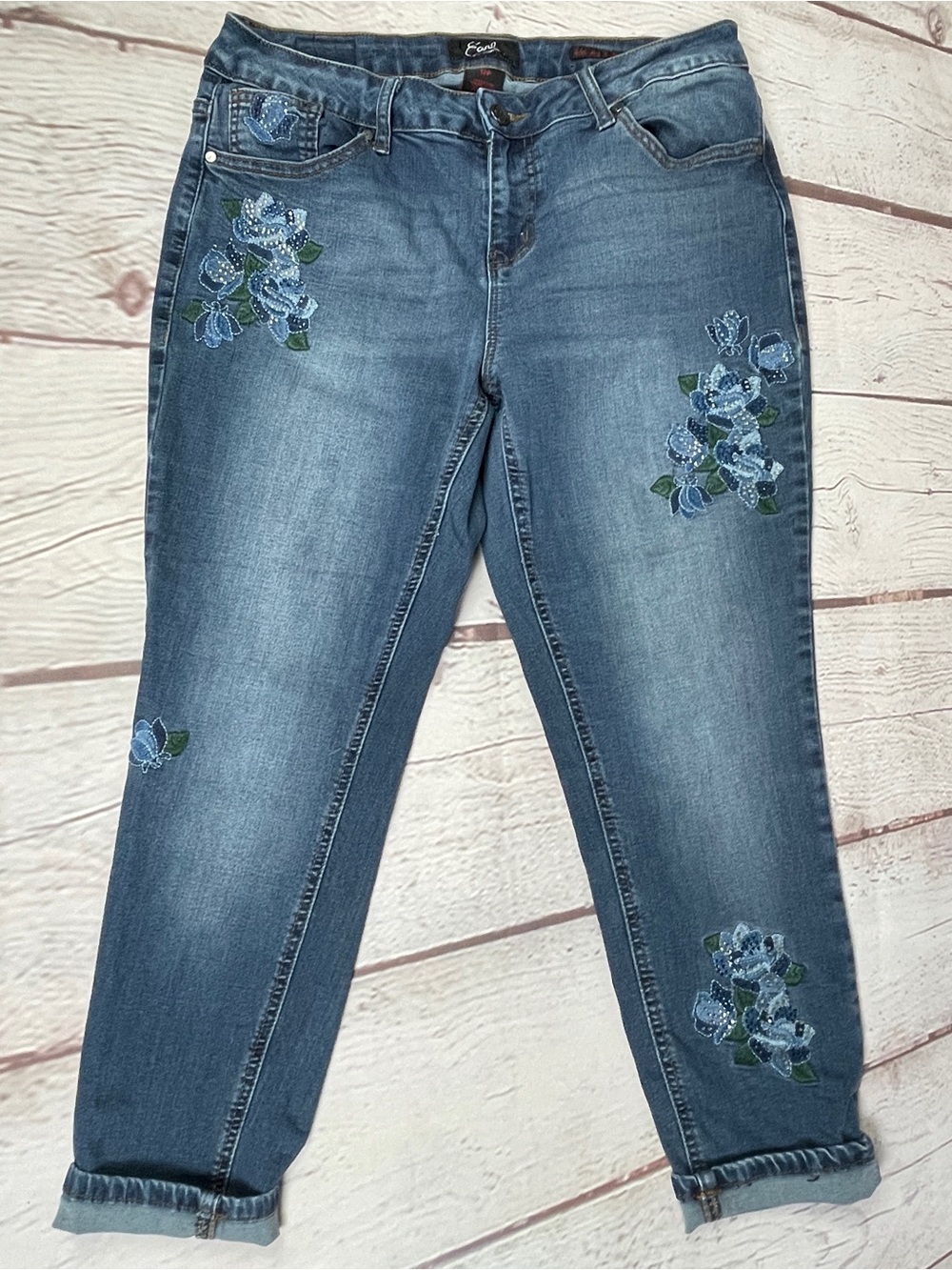 EARL unique blue skinny ankle jeans with floral embroidery, size 12P - Picture 8 of 12